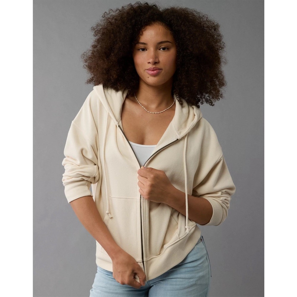 Aerie Full Zip Hoodie Sweatshirt Womens Size S Tan Beige Casual Athleisure Cozy